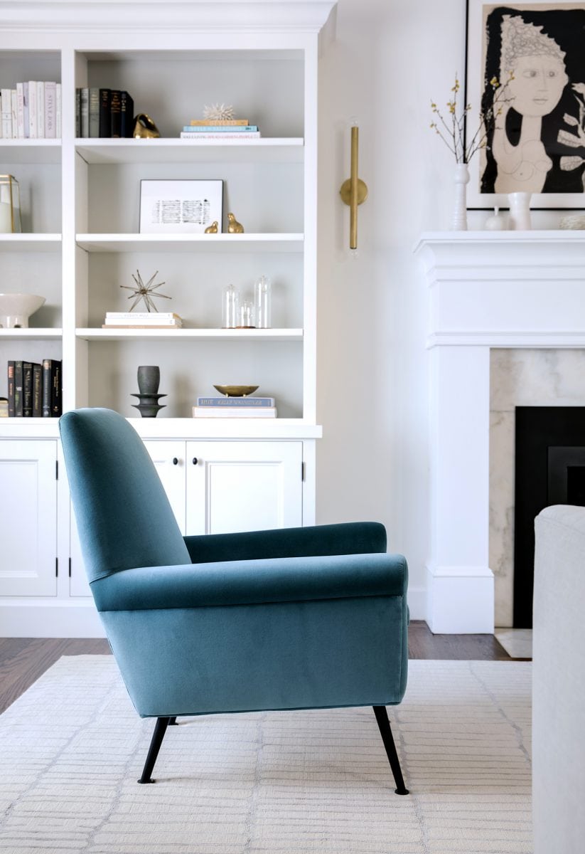 Blue velvet armchair Piedmont Interior Design